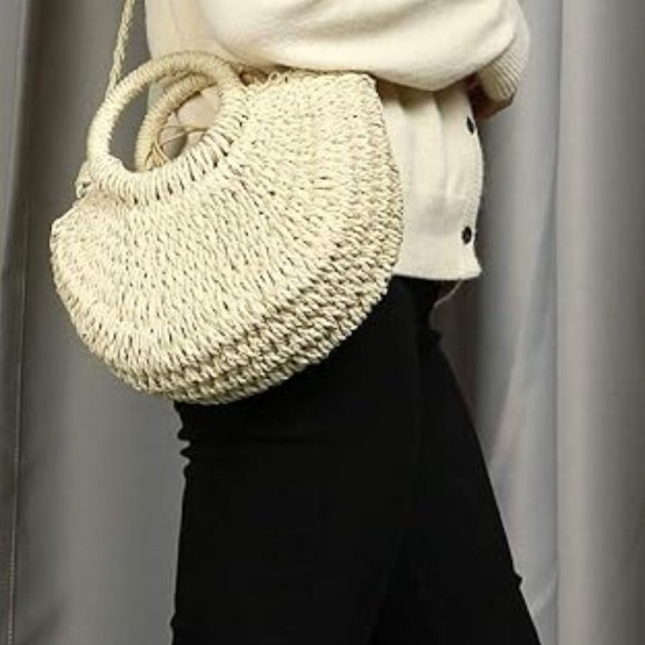 Beach Vacation Summer Bag Wicker Purse Ivory Macrame Hippie Boho New - Picture 3 of 7